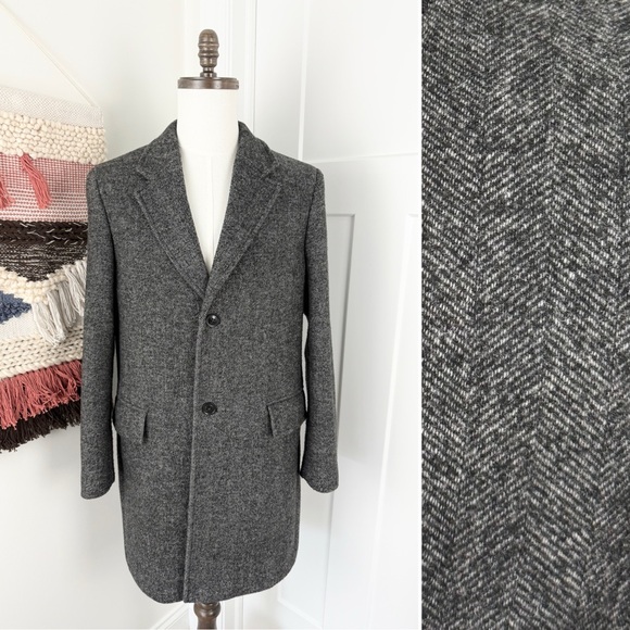 Mango Man Recycled Wool Blend Herringbone Single-Breasted Coat Grey Size M - Picture 1 of 13